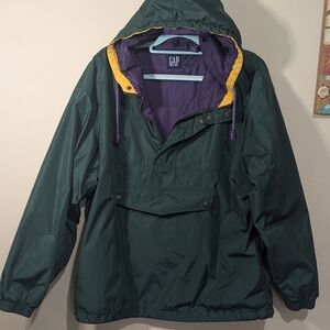 Vintage 90s Gap Anorak Windbreaker Jacket Colorblock Hooded Pullover Green Large